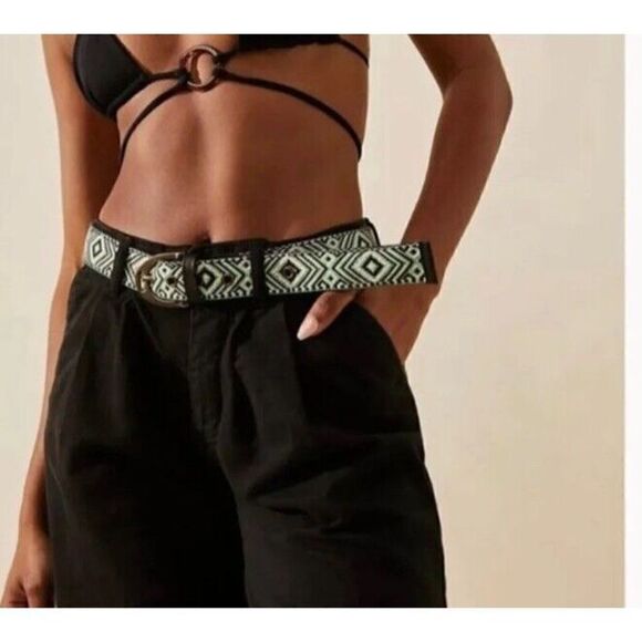 Free People Women\'s Sz M/L Moving to Mars Cotton Leather Belt Green & Black main image 6